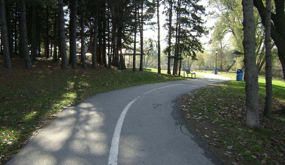 A winding paved pathway meanders through a park. Along the way, a bench, light pole and garbage cans line the treed path.