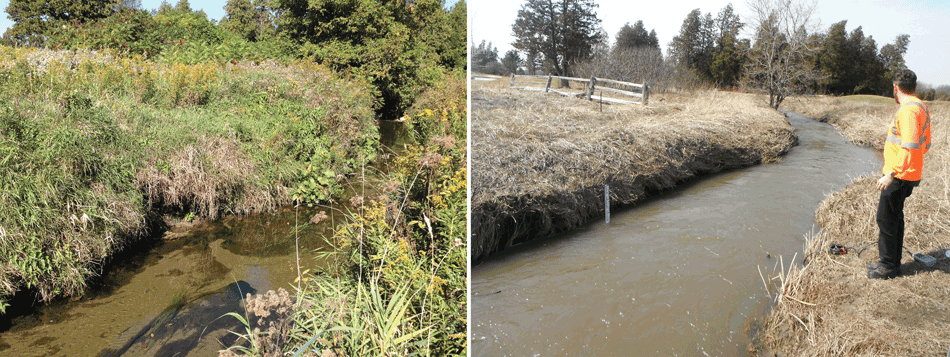 Two photos of Kettleby Creek. The first shows clear water before a storm and the second shows murky water after a storm.