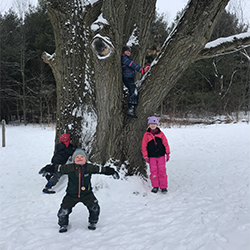 Amidst a snow-covered landscape, children joyfully play, with one child standing in the embrace of a towering tree, reveling in the winter fun.