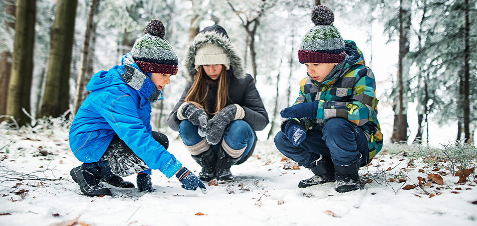 In a winter forest setting, three children crouch down on a path, their expressions filled with curiosity as they discover something intriguing along the snowy trail.