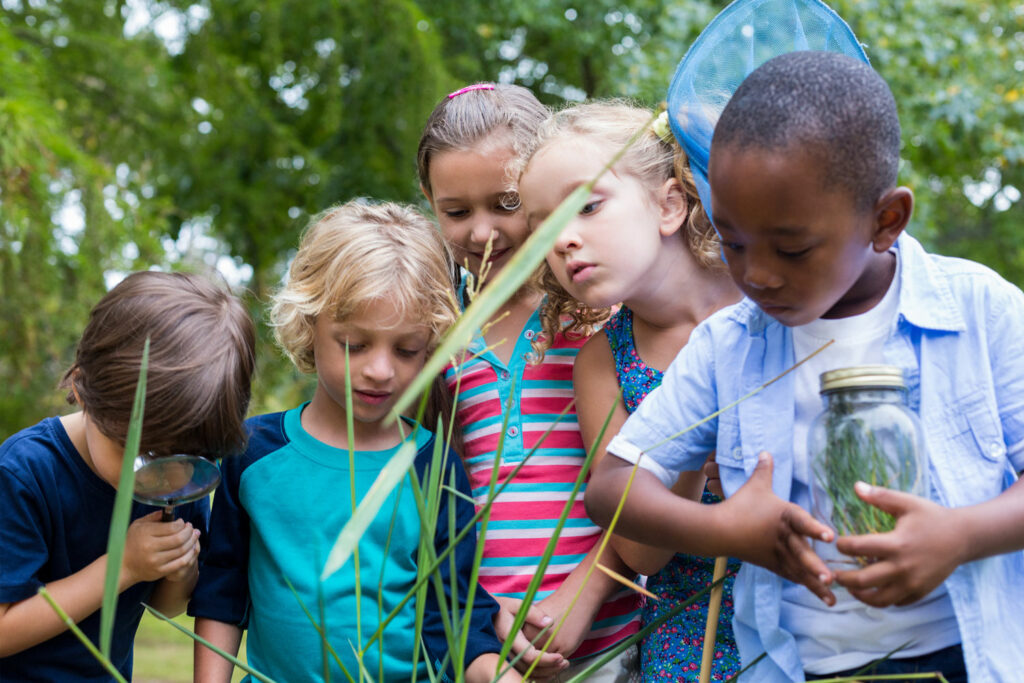 In the forest, young children explore with curiosity - one with a magnifying glass examining the surroundings, one child holds a blue net, and another child carries a mason jar filled with grasses and other treasures.
