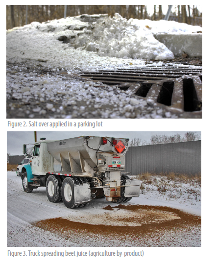 Figure 2. Over applied salt in a parking lot. Figure 3. Truck spreading beet juice (agriculture by-product)