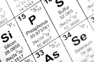 A close-up of the period table, with "P" or phosphorus, in the middle.