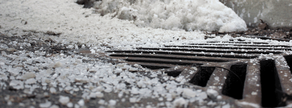 Close up of excessive salt use in a parking lot near a stormwater drain.