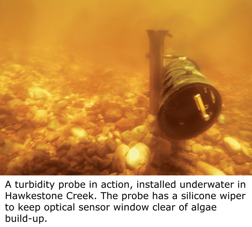 An underwater turbidity probe. The probe has a silicone wiper to keep optical sensor window clear of algae build-up.