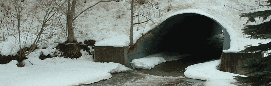 A stream surrounded by snow, flowing through a culvert.