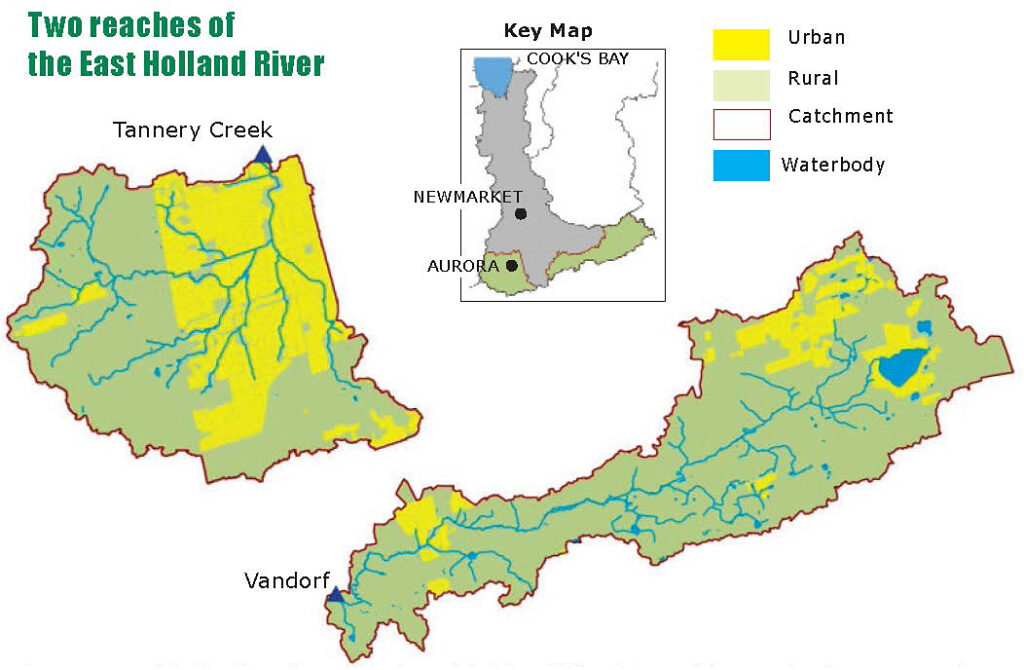 A map depicting urban, rural, waterbody and catchment areas in two reaches of the East Holland River.