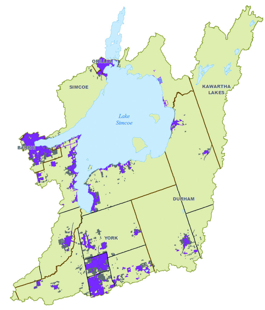 A map showing urban areas in the Lake Simcoe watershed without stormwater controls. This includes Barrie, Newmarket and Aurora.