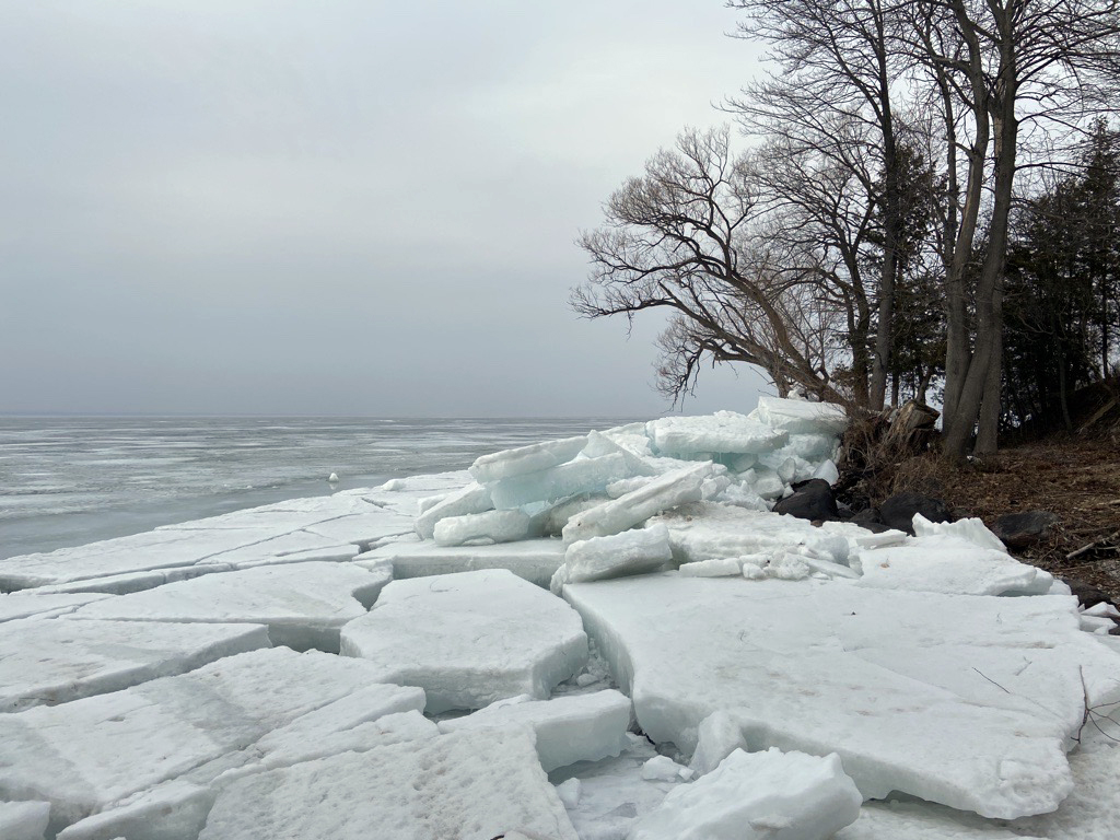 Ice breakup along the shore of Lake Simcoe. Trees in the background are devoid of leaves on a gloomy winter day.