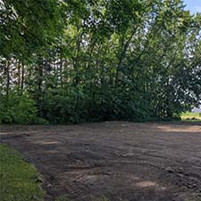 Newly graded land, ready for meadow planting, with trees standing in the background.